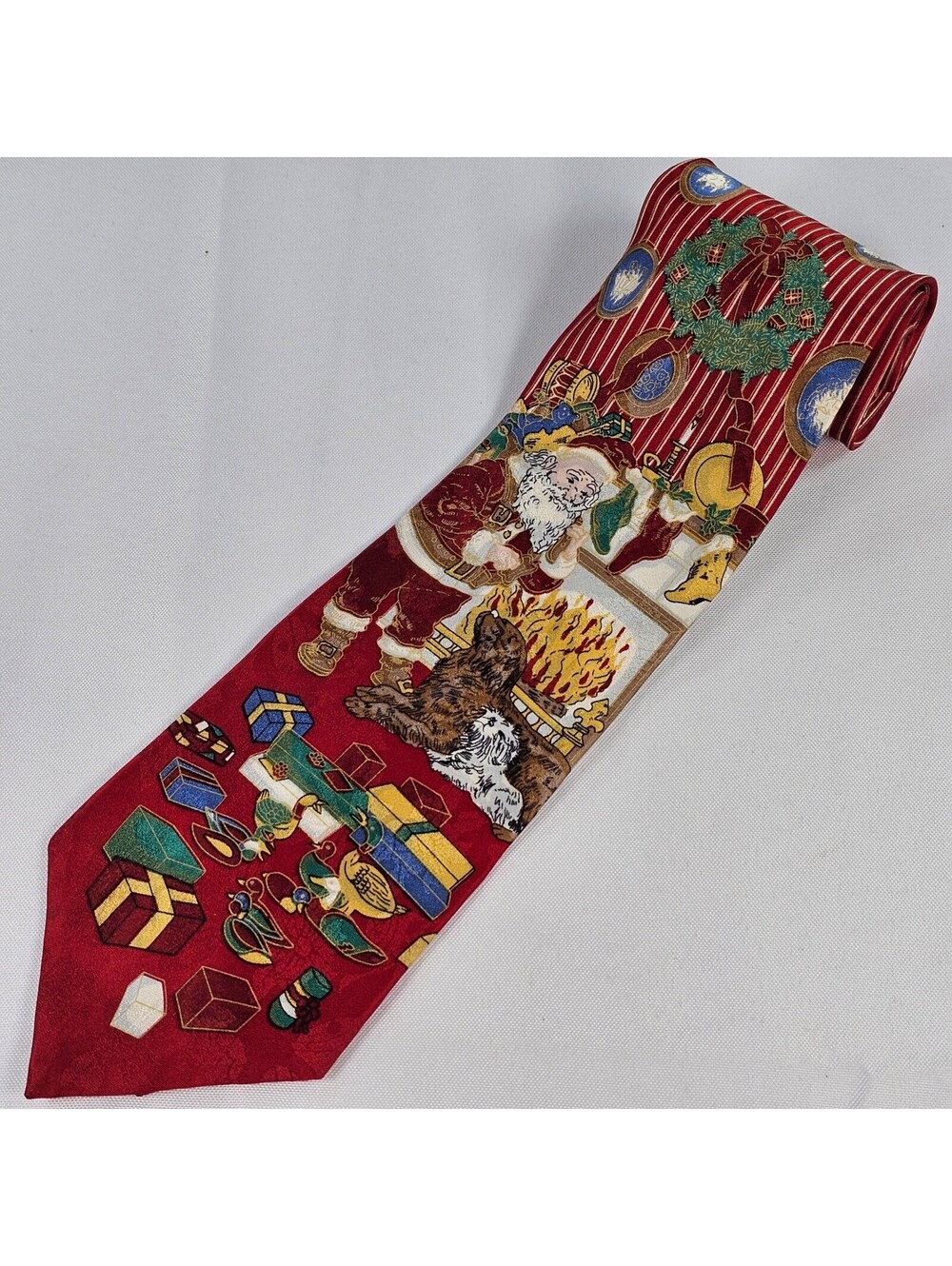 Oscar de la Renta Mens Christmas Silk Tie Red Santa Holiday Pinstripe 57"×4"